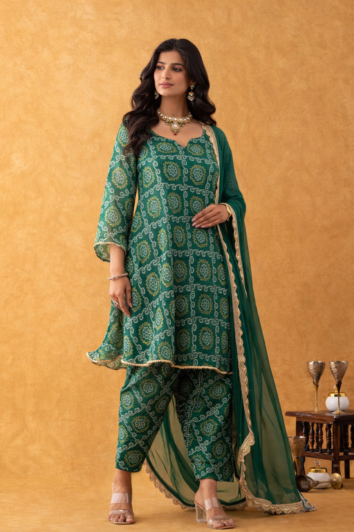 Green Bandhani Print Silk Suit Set with Salwar & Dupatta