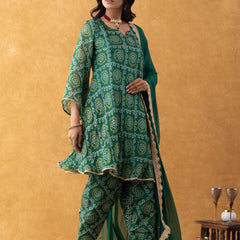Green Bandhani Print Silk Suit Set with Salwar & Dupatta