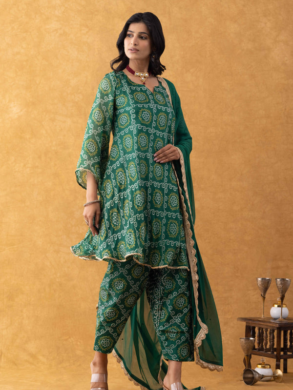 Green Bandhani Print Silk Suit Set with Salwar & Dupatta