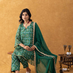 Green Bandhani Print Silk Suit Set with Salwar & Dupatta