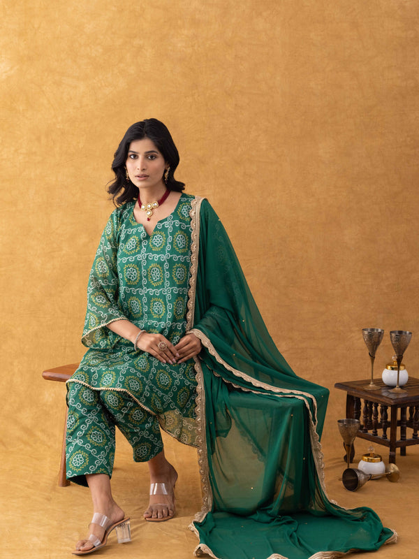 Green Bandhani Print Silk Suit Set with Salwar & Dupatta