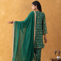 Green Bandhani Print Silk Suit Set with Salwar & Dupatta