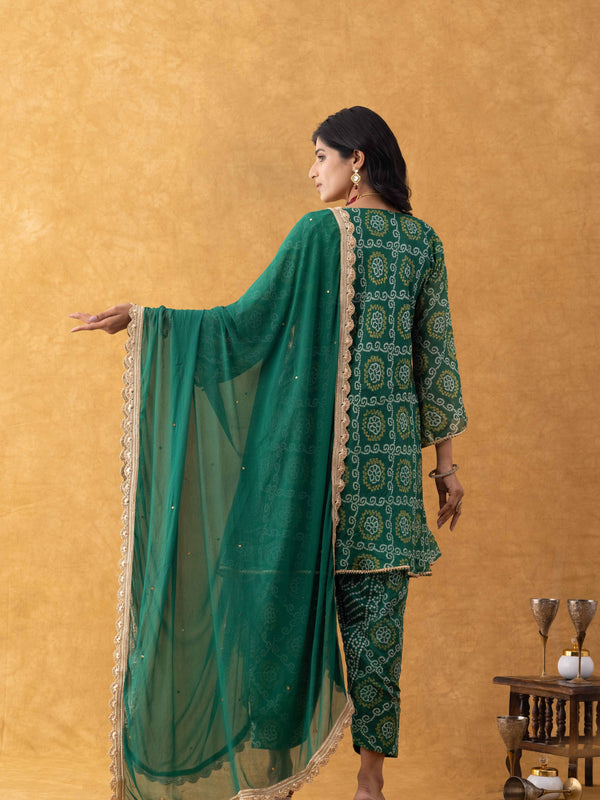 Green Bandhani Print Silk Suit Set with Salwar & Dupatta