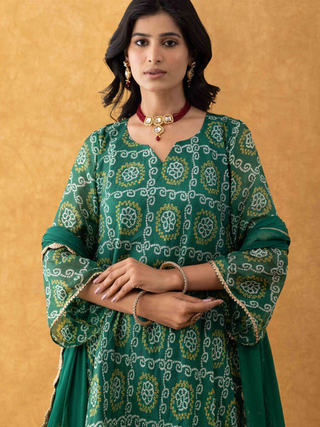 Green Bandhani Print Silk Suit Set with Salwar & Dupatta