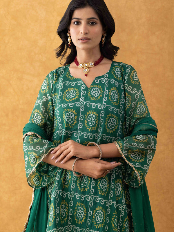 Green Bandhani Print Silk Suit Set with Salwar & Dupatta