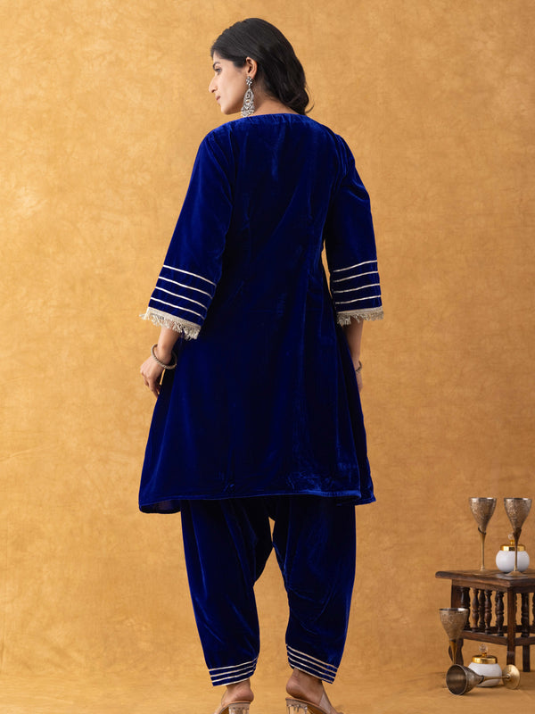 Royal Blue Velvet Kurta Salwar Set with Lace Detailing