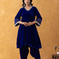 Royal Blue Velvet Kurta Salwar Set with Lace Detailing