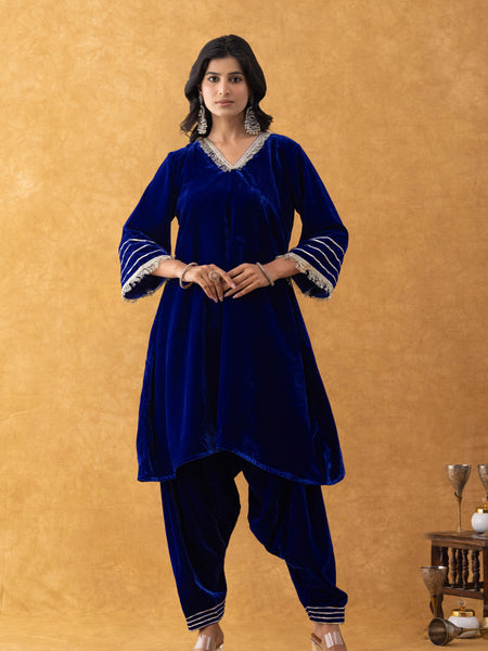 Royal Blue Velvet Kurta Salwar Set with Lace Detailing