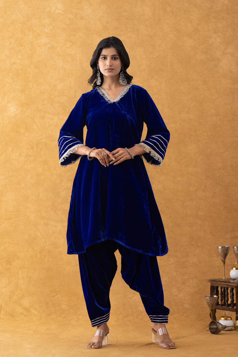 Royal Blue Velvet Kurta Salwar Set with Lace Detailing