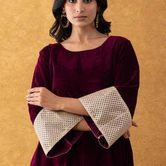 Wine Velvet Kurta Pant Set with Lace Border Detailing