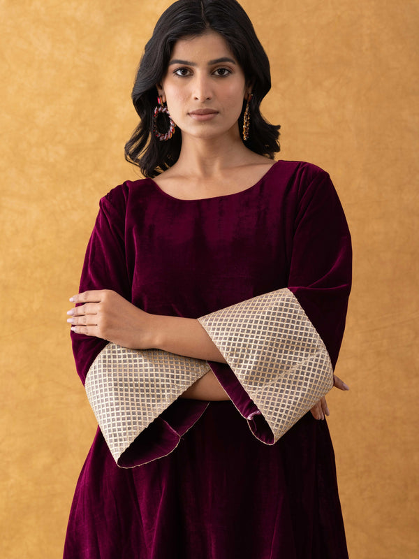 Wine Velvet Kurta Pant Set with Lace Border Detailing