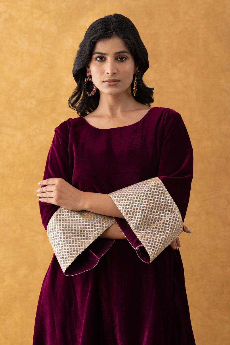 Wine Velvet Kurta Pant Set with Lace Border Detailing