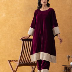 Wine Velvet Kurta Pant Set with Lace Border Detailing