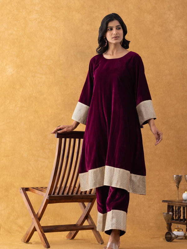 Wine Velvet Kurta Pant Set with Lace Border Detailing