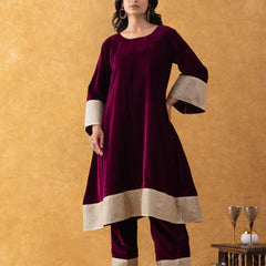 Wine Velvet Kurta Pant Set with Lace Border Detailing