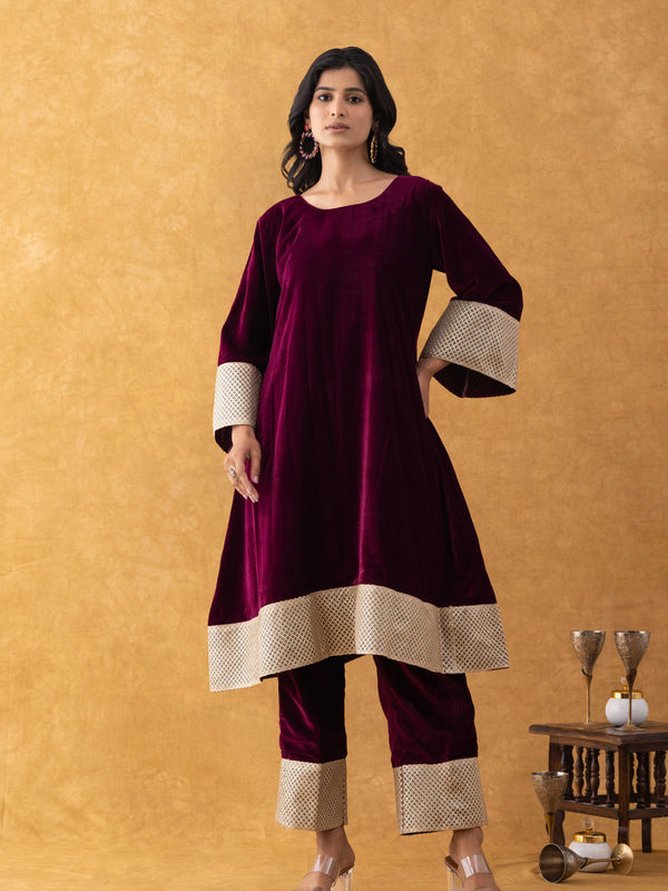 Wine Velvet Kurta Pant Set with Lace Border Detailing