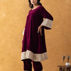 Wine Velvet Kurta Pant Set with Lace Border Detailing
