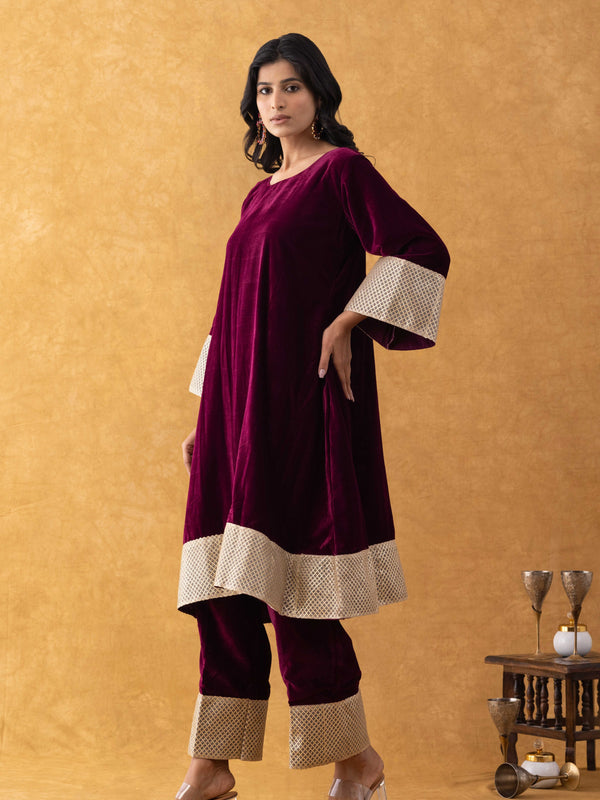 Wine Velvet Kurta Pant Set with Lace Border Detailing