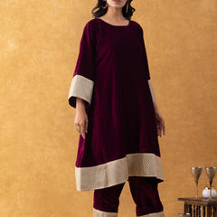 Wine Velvet Kurta Pant Set with Lace Border Detailing