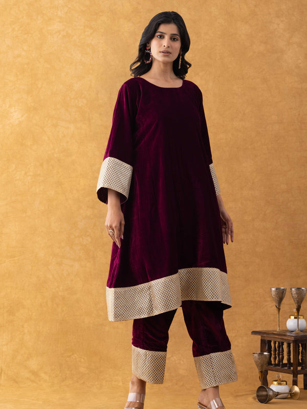 Wine Velvet Kurta Pant Set with Lace Border Detailing