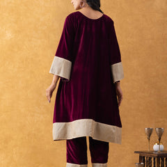 Wine Velvet Kurta Pant Set with Lace Border Detailing