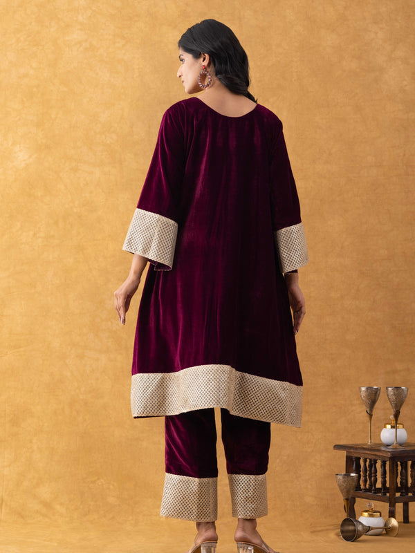 Wine Velvet Kurta Pant Set with Lace Border Detailing