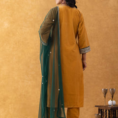 Mustard Velvet Suit Set with Embellished Kurta & Green Dupatta