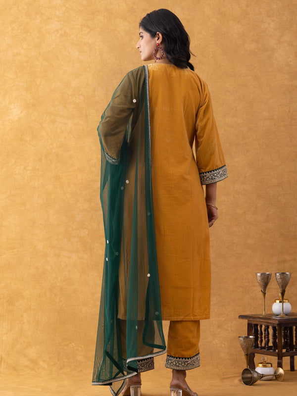 Mustard Velvet Suit Set with Embellished Kurta & Green Dupatta