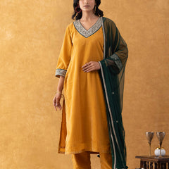 Mustard Velvet Suit Set with Embellished Kurta & Green Dupatta