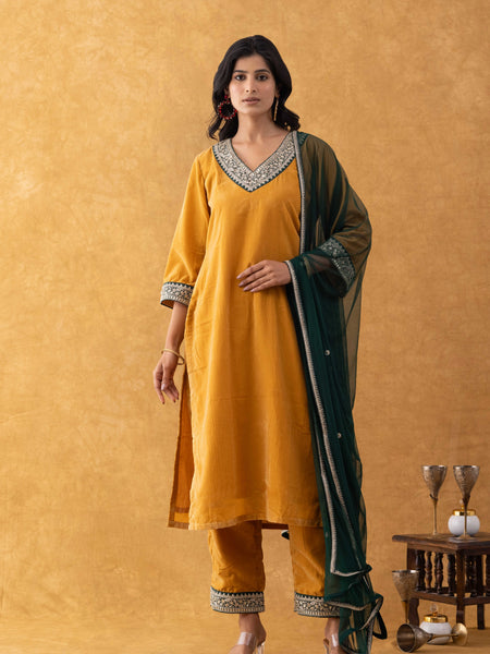 Mustard Velvet Suit Set with Embellished Kurta & Green Dupatta
