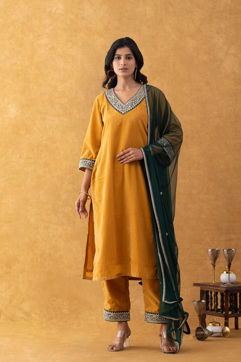 Mustard Velvet Suit Set with Embellished Kurta & Green Dupatta