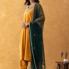 Mustard Velvet Suit Set with Embellished Kurta & Green Dupatta