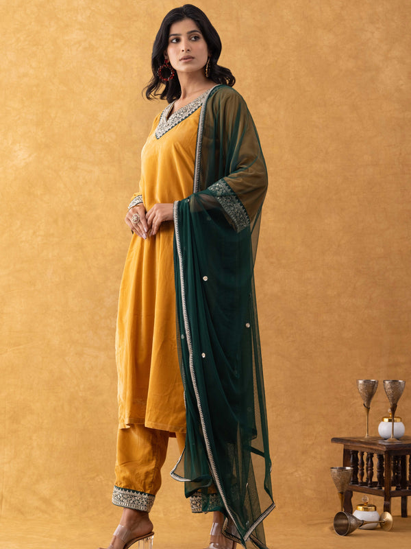 Mustard Velvet Suit Set with Embellished Kurta & Green Dupatta