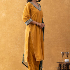 Mustard Velvet Suit Set with Embellished Kurta & Green Dupatta