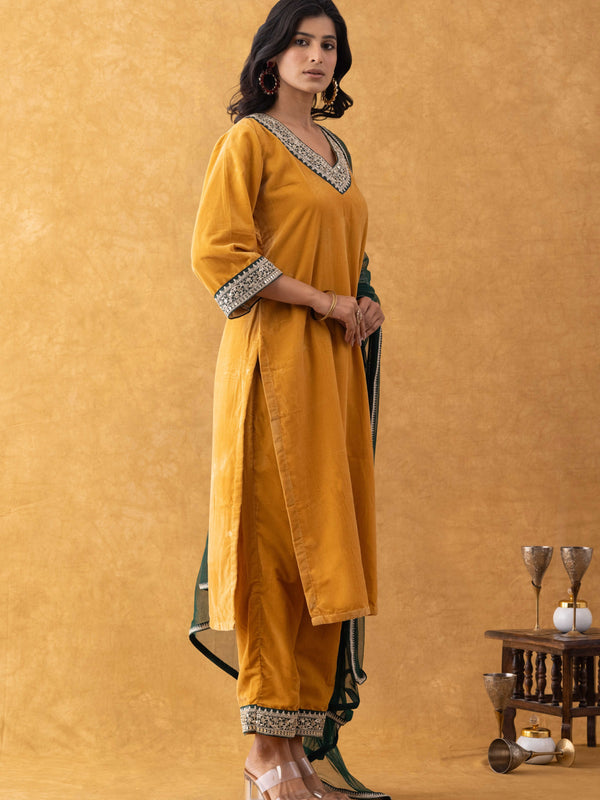 Mustard Velvet Suit Set with Embellished Kurta & Green Dupatta