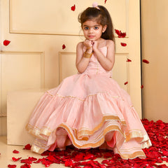 Girls Powder Pink Chanderi Lehenga Set with Gota Lace