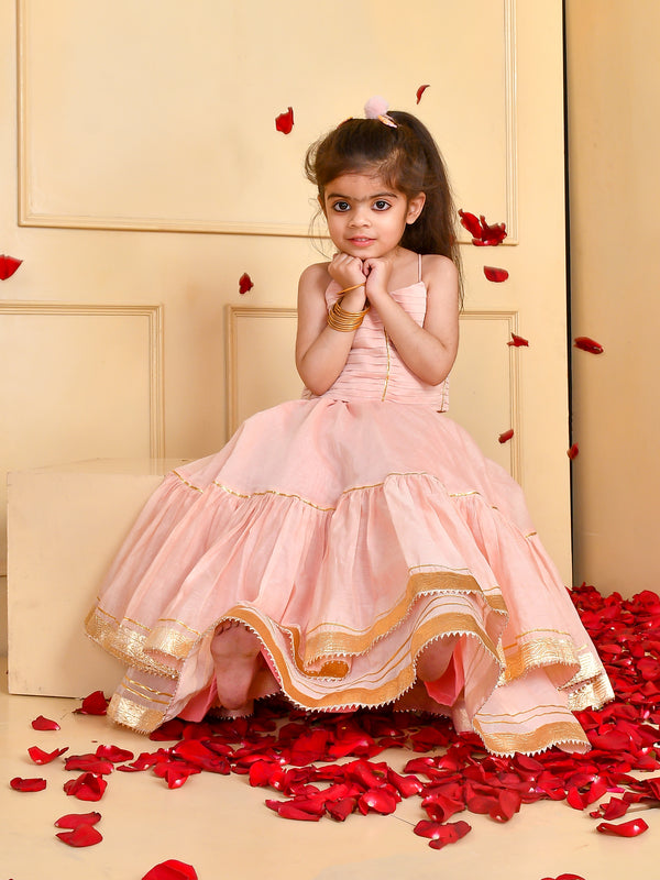 Girls Powder Pink Chanderi Lehenga Set with Gota Lace
