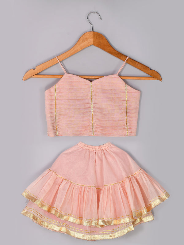 Girls Powder Pink Chanderi Lehenga Set with Gota Lace