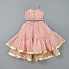 Girls Powder Pink Chanderi Lehenga Set with Gota Lace