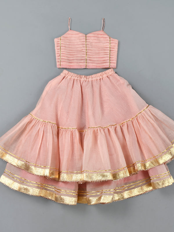 Girls Powder Pink Chanderi Lehenga Set with Gota Lace