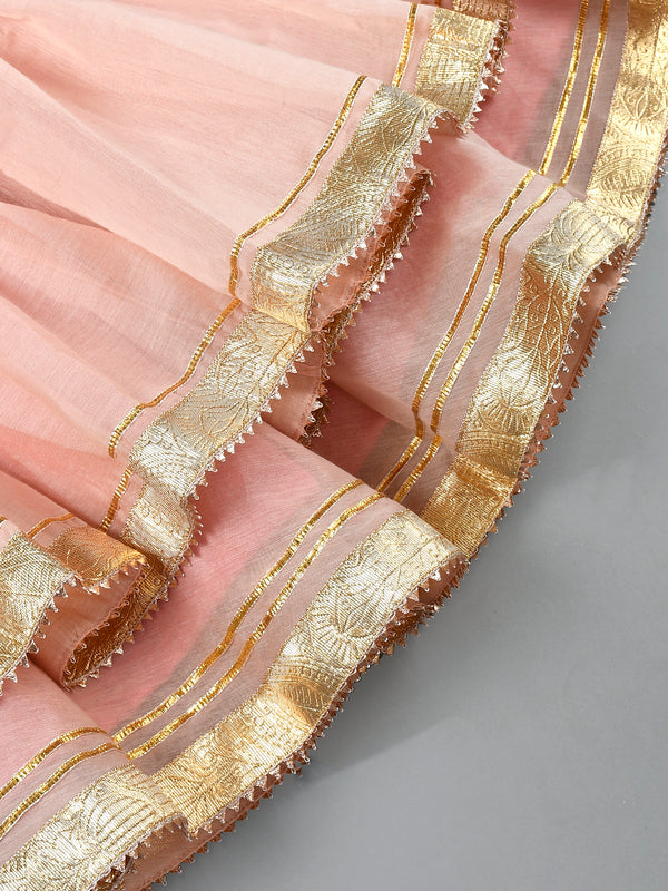 Girls Powder Pink Chanderi Lehenga Set with Gota Lace