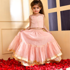 Girls Powder Pink Chanderi Lehenga Set with Gota Lace