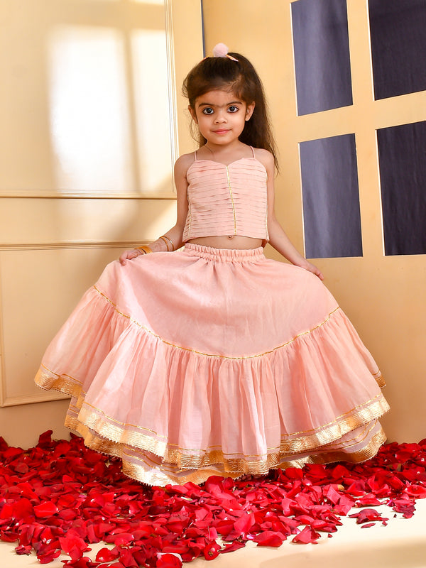 Girls Powder Pink Chanderi Lehenga Set with Gota Lace