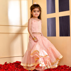 Girls Powder Pink Chanderi Lehenga Set with Gota Lace