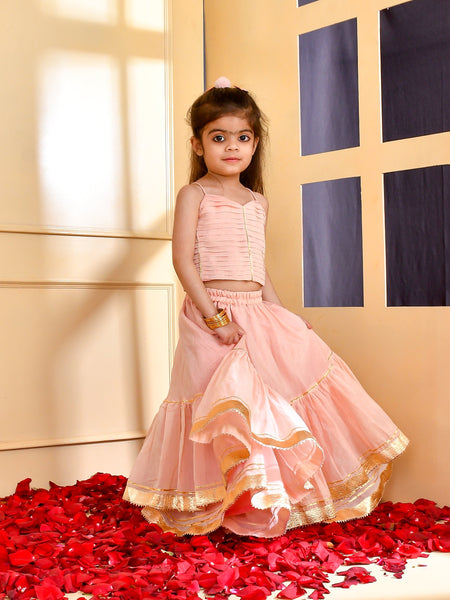 Girls Powder Pink Chanderi Lehenga Set with Gota Lace