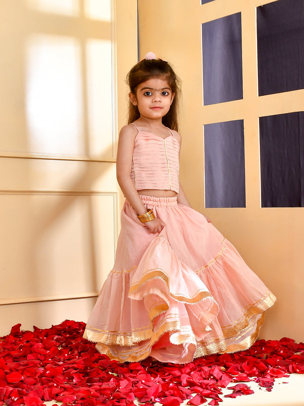 Girls Powder Pink Chanderi Lehenga Set with Gota Lace