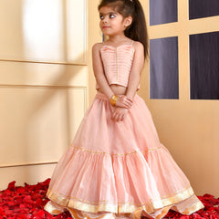 Girls Powder Pink Chanderi Lehenga Set with Gota Lace