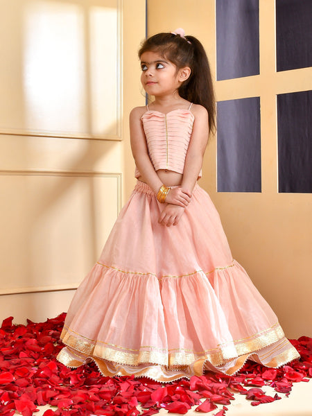 Girls Powder Pink Chanderi Lehenga Set with Gota Lace