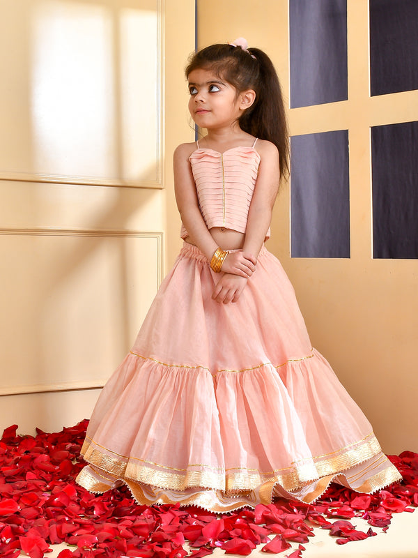 Girls Powder Pink Chanderi Lehenga Set with Gota Lace