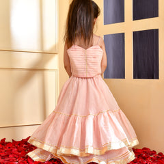 Girls Powder Pink Chanderi Lehenga Set with Gota Lace
